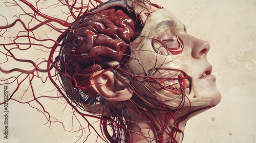 Medical illustration showing the anatomy of a headache, including the nerves and blood vessels involved photo