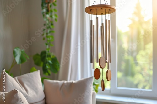 Close up of wind chime in bright living room photo