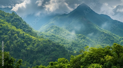 Scenic mountain landscape with lush green forests, sky and clound