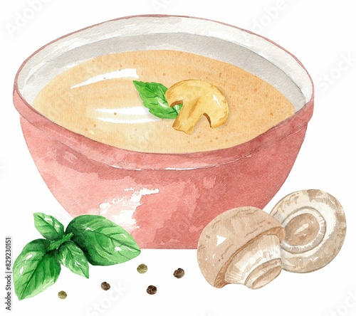 Mushroom puree soup with basil in a red plate and pepper. Hand drawn watercolor illustration isolated on white background. Template for design.