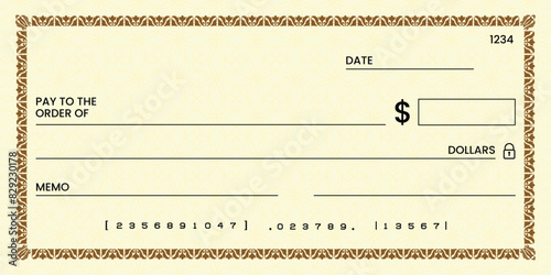 Blank bank check, checkbook cheque template or money payment paper voucher, vector mockup. Business or personal account cash pay cheque certificate or paycheck coupon from checkbook	