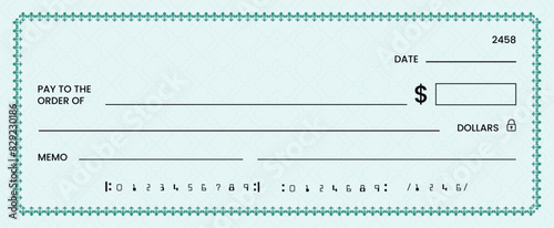 Blank bank check, checkbook cheque template or money payment paper voucher, vector mockup. Business or personal account cash pay cheque certificate or paycheck coupon from checkbook	 photo