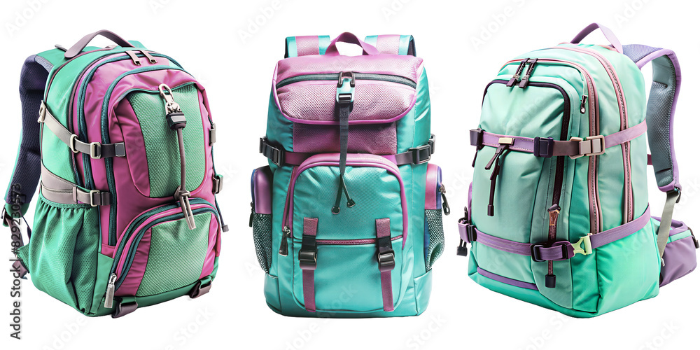 Fototapeta premium Set of fabric backpack with many zips and pockets.White or transparent background. Ideal for the beginning of the school year. Backpack for adventure sports in pastel colours