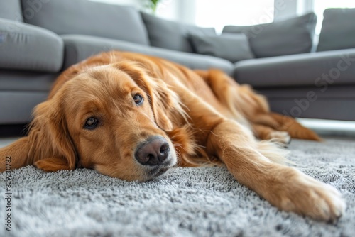 Closeup of cute dog lying inside home happy golden retriever near couch modern house interior