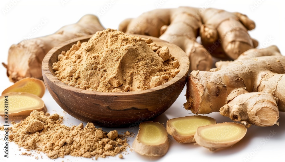 Dried ginger powder in wooden bowl on white background Dried ginger powder in wooden bowl on white background