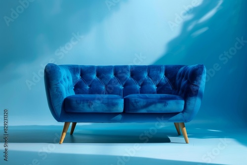 Elegant blue velvet sofa with wooden legs in blue interior High end luxury couch on display © LimeSky