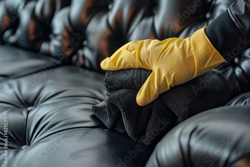 Employee cleaning black leather chester sofa with rubber glove and cloth for commercial company