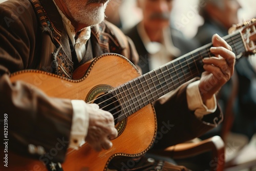 Eldery man in classical suit playing acoustic guitar. Spanish traditional live music performance