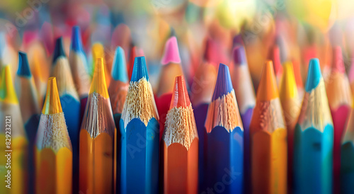 closeup of colorful pencils arranged in an array, vibrant art supplies, creative design, bright colors, macro shot, educational tools