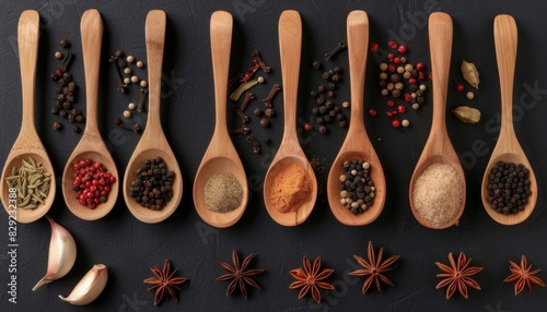 Flat lay of Indian spices and herbs in wooden spoons showcasing chilli pepper garlic thyme cinnamon star anise nutmeg and rosemary
