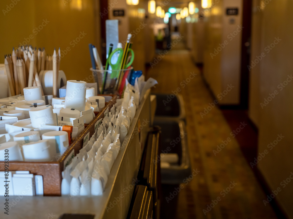 Hotel housekeeping supplies cart with disposable bathroom amenities for ...