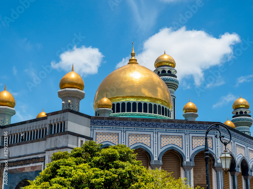 Close-up scene of Jame' Asr Hassanil Bolkiah Mosque landmark, named after Hassanal Bolkiah, the 29th and current Sultan of Brunei in Bandar Seri Begawan, the capital city of Brunei Darussalam. photo