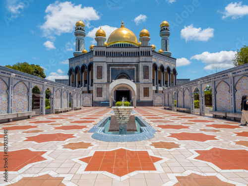 The beautiful view of Jame' Asr Hassanil Bolkiah Mosque landmark, named after Hassanal Bolkiah, the 29th and current Sultan of Brunei in Bandar Seri Begawan, the capital city of Brunei Darussalam. photo