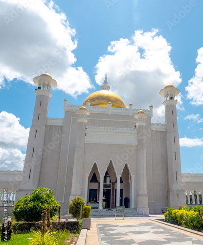 Vertical scene of architecture building exterior design of Omar Ali Saifuddien Mosque, named after the 28th Sultan, landmark iconic in Bandar Seri Begawan, the capital city of Brunei Darussalam. photo