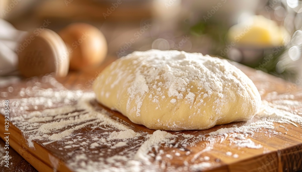 Flour covered raw dough on a wooden cutting board for food photography recipe concept
