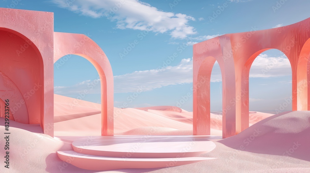 Fototapeta premium 3D Illustration, Abstract Unrealistic pastel landscape backdrop with arches and a podium to display a product that includes a colorful dune setting with a blue sky, clouds, and copy space 