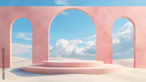 3D Illustration  Abstract Unrealistic pastel landscape backdrop with arches and a podium to display a product that includes a colorful dune setting with a blue sky  clouds  and copy space 