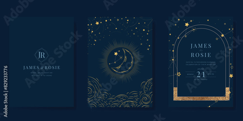 Navy Blue Luxury Wedding Invitation, start invite thank you, rsvp modern card Design in Night sky with  little star moon sun and space decorative Vector elegant rustic template