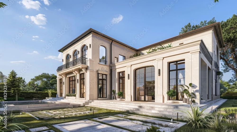 3D rendering of a luxury villa exterior with a front view, mansion in a sunny day with a blue sky background. A big house design for rich living, a home architecture concept.