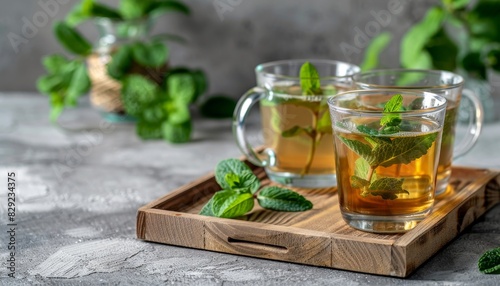 Fresh garden mint leaves garnish a glass mug of hot herbal mint tea on a wooden tray leaving room for additional items