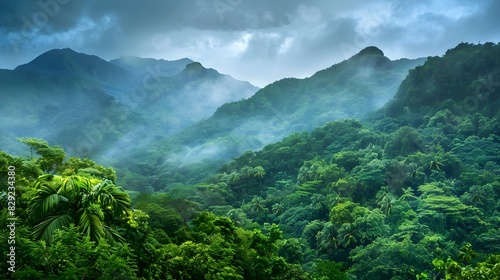 Scenic mountain landscape with lush green forests  sky and clound