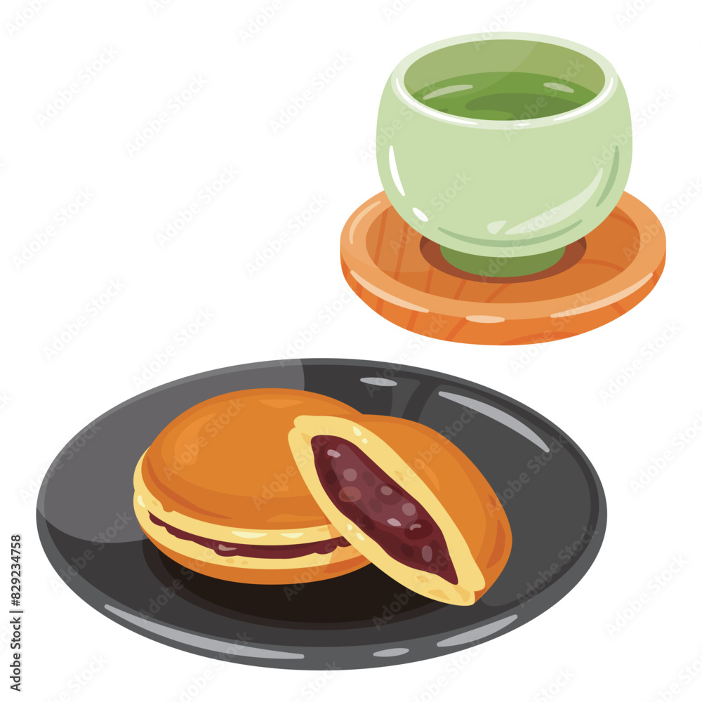 お茶と皿に盛られたどら焼き お茶と皿に盛られたどら焼き