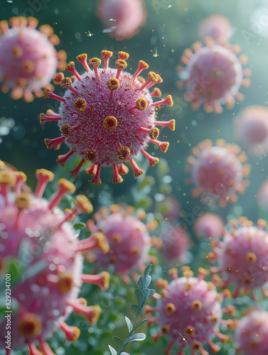 3D render of a medical with virus cells bacteria. Multiple realistic coronavirus particles floating