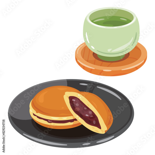 お茶と皿に盛られたどら焼き