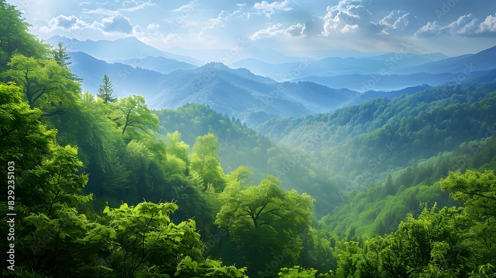 Scenic mountain landscape with lush green forests, sky and clound Scenic mountain landscape with lush green forests, sky and clound