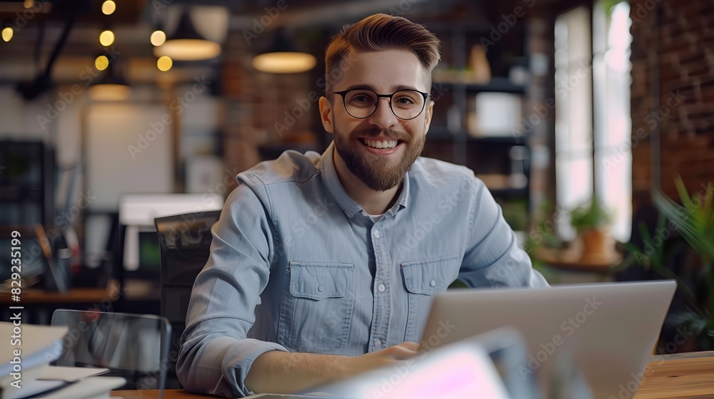 Naklejka premium Bearded Man Smiling at Laptop in Cozy Coffee Shop Workspace