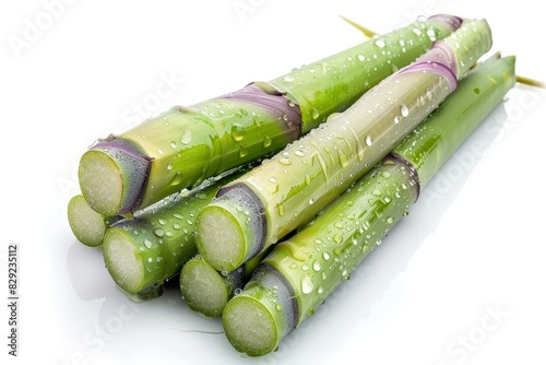 Fresh sugar cane with water droplets on white background