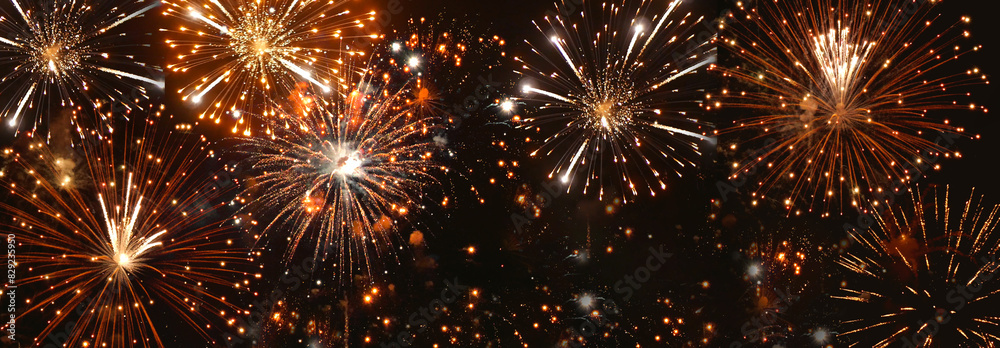 Banner Golden Firework celebrate anniversary independence day night time celebrate national holiday. Countdown 2024 party time event. Happy new year 2025 4th of july holiday festival with copy space