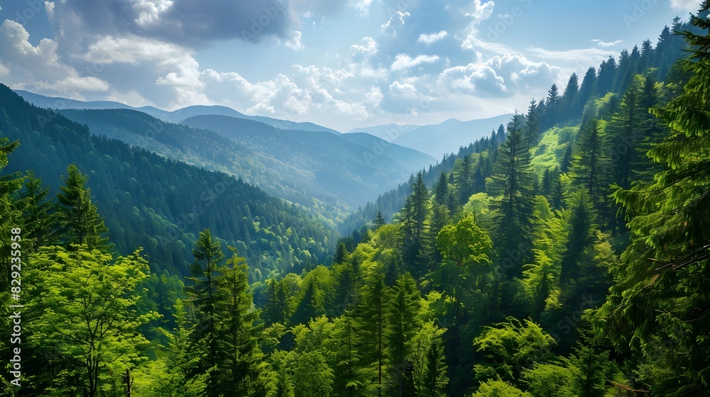 Fototapeta premium Scenic mountain landscape with lush green forests, sky and clound