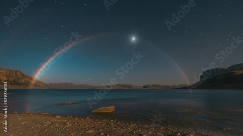 A celestial wonder captured in a moment a moonbow stretches across the night sky its beauty rivaling that of the full moon. photo