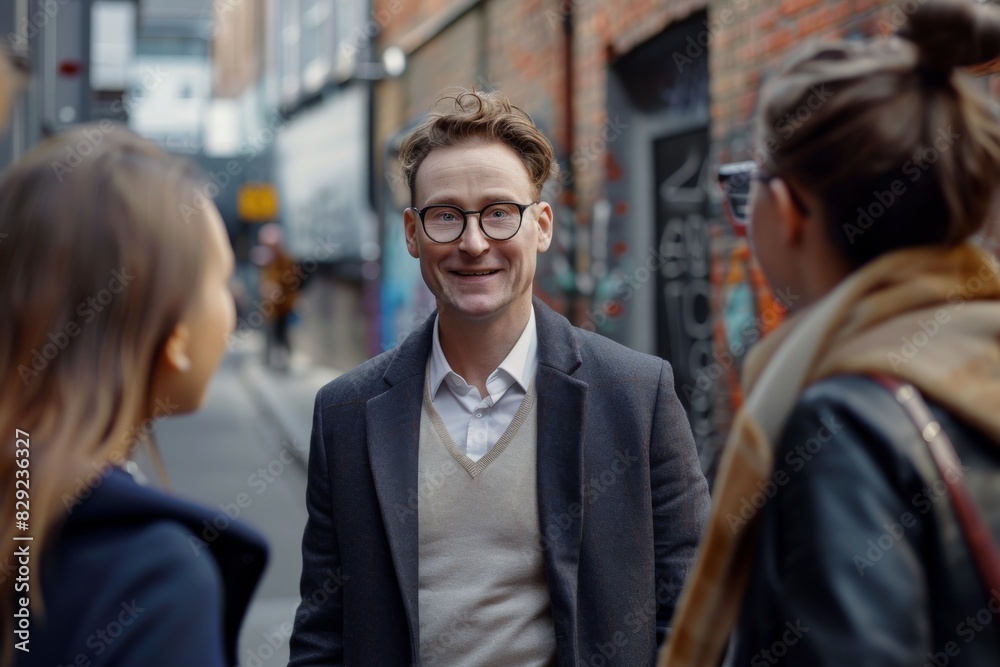 Smiling businessman in eyeglasses talking to his colleagues on the street Smiling businessman in eyeglasses talking to his colleagues on the street