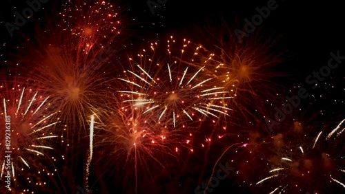 Red Firework celebrate anniversary happy new year 2024  4th of july holiday festival. red firework in night time celebrate national holiday. Countdown to new year 2025 festival party time event