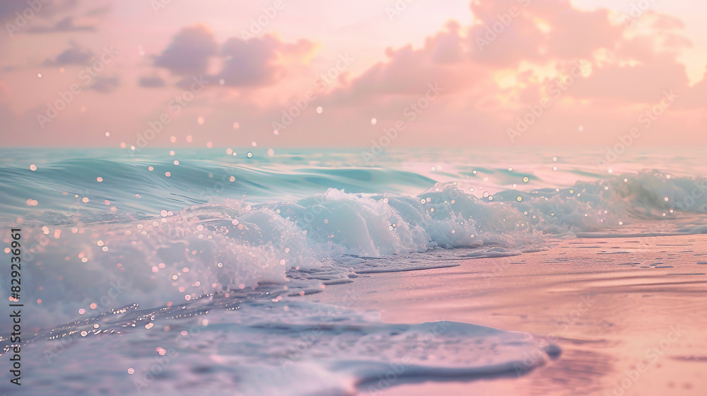 Pastel sky over sandy shores, gentle waves lapping, adorned with twinkling lights.