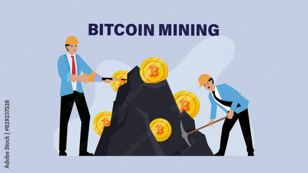 Businessmen working together mining bitcoin with shovel cartoon animation