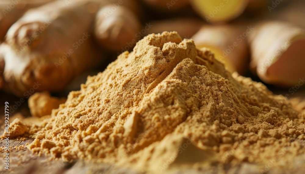 Ginger crushed into powder Background of ginger powder Heap of ground ginger Ginger crushed into powder Background of ginger powder Heap of ground ginger