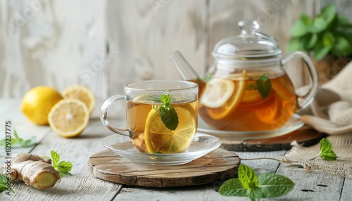 Ginger and lemon tea in a glass cup with a teapot fresh mint on a white wooden background Homemade remedy for flu cold cough Immunity boosting hot drink for goo