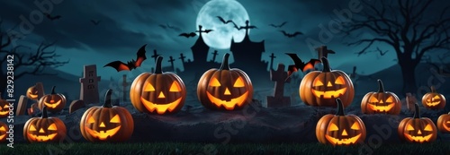 Glowing Pumpkins in a Spooky Halloween Graveyard. Premium Halloween background for celebrations  greetings  social media posts  banners and posters.