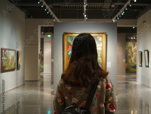 Girl at Shanghai art gallery looking at blank frame photo