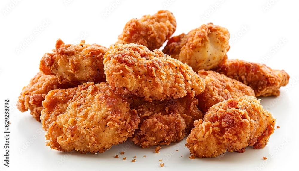 Gluten free chicken nuggets piled and sliced viewed from the top on a white background Gluten free chicken nuggets piled and sliced viewed from the top on a white background