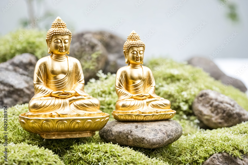 Golden Buddha Statues on Mossy Rocks Golden Buddha Statues on Mossy Rocks