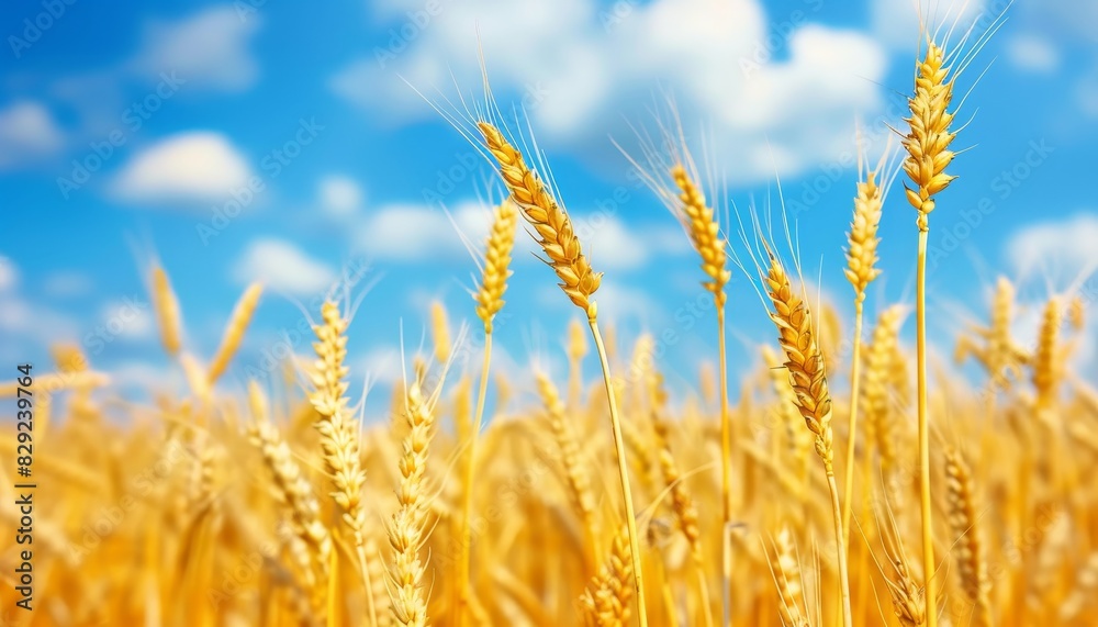 Fototapeta premium Golden wheat spikes in a summer harvest field set against a blue sky