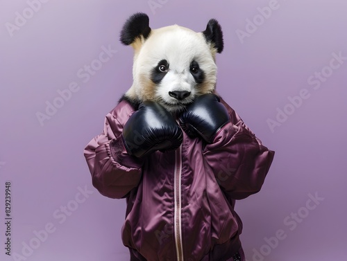Panda in Sports Clothes Playfully Engages in a Boxing Match on a Lavender Background