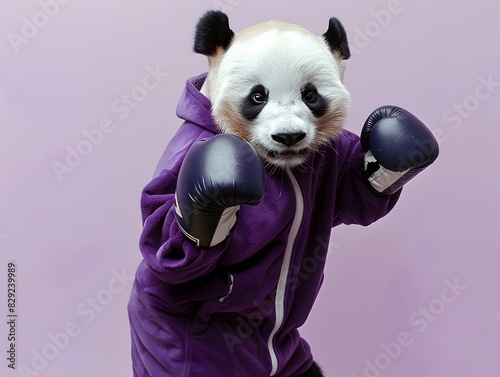 Panda Pugilist The Cuddly Challenger Unleashing Fierce Boxing Moves on a Lavender Canvas photo