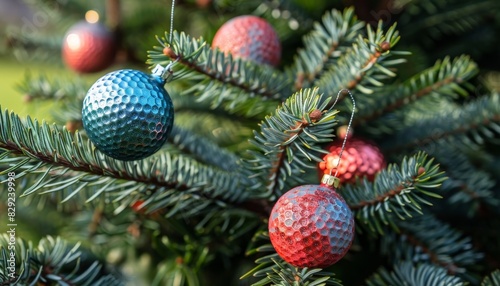 Golf balls as Christmas decoration on fir tree