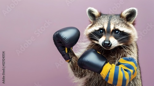 Raccoon in Sports Clothes Playfully Boxing on a Violet Background