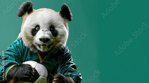 Cute Panda Embraces Soccer Passion Long Shot on Emerald Background